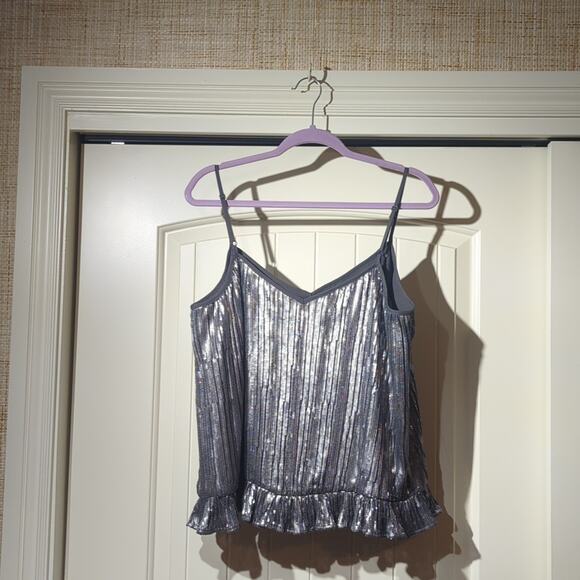 Anthropologie Silver Sequin Ruffle Hem Cami Top Women's Size 14 - Picture 4 of 14